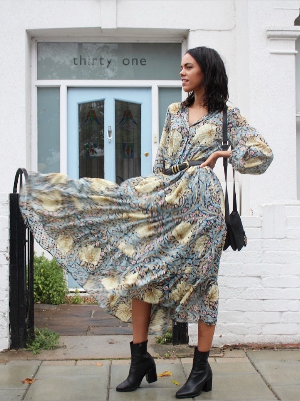 H&M x morris & co Blue Floral Long-Sleeve Tiered Maxi Dress with Yellow Accents - Picture 12 of 12
